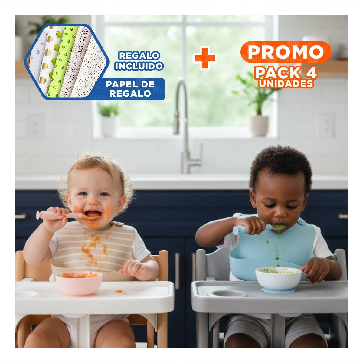 PACK4 ALIMENTADOR PARA BEBE CELESTE Y ROSADO INCLUYE 2 CUCHARAS CON VENTOSA Y+PAPEL REGALO - 1