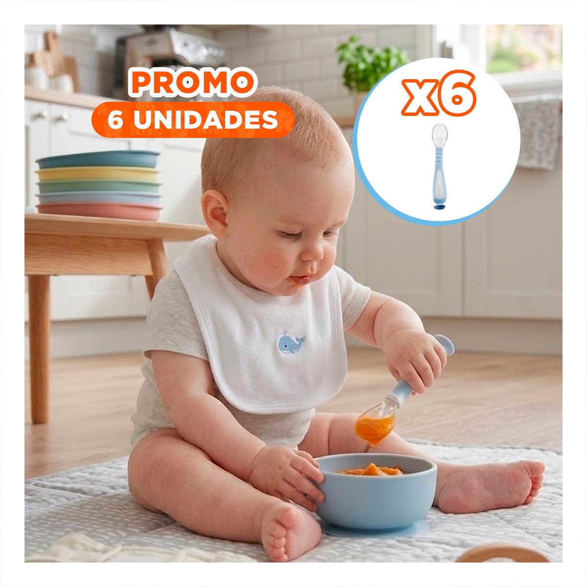 PACK6 UTENSILIO INFANTIL CELESTE CON ESTUCHE Y VENTOSA INTEGRADA Y+REGALO STICKER - 1