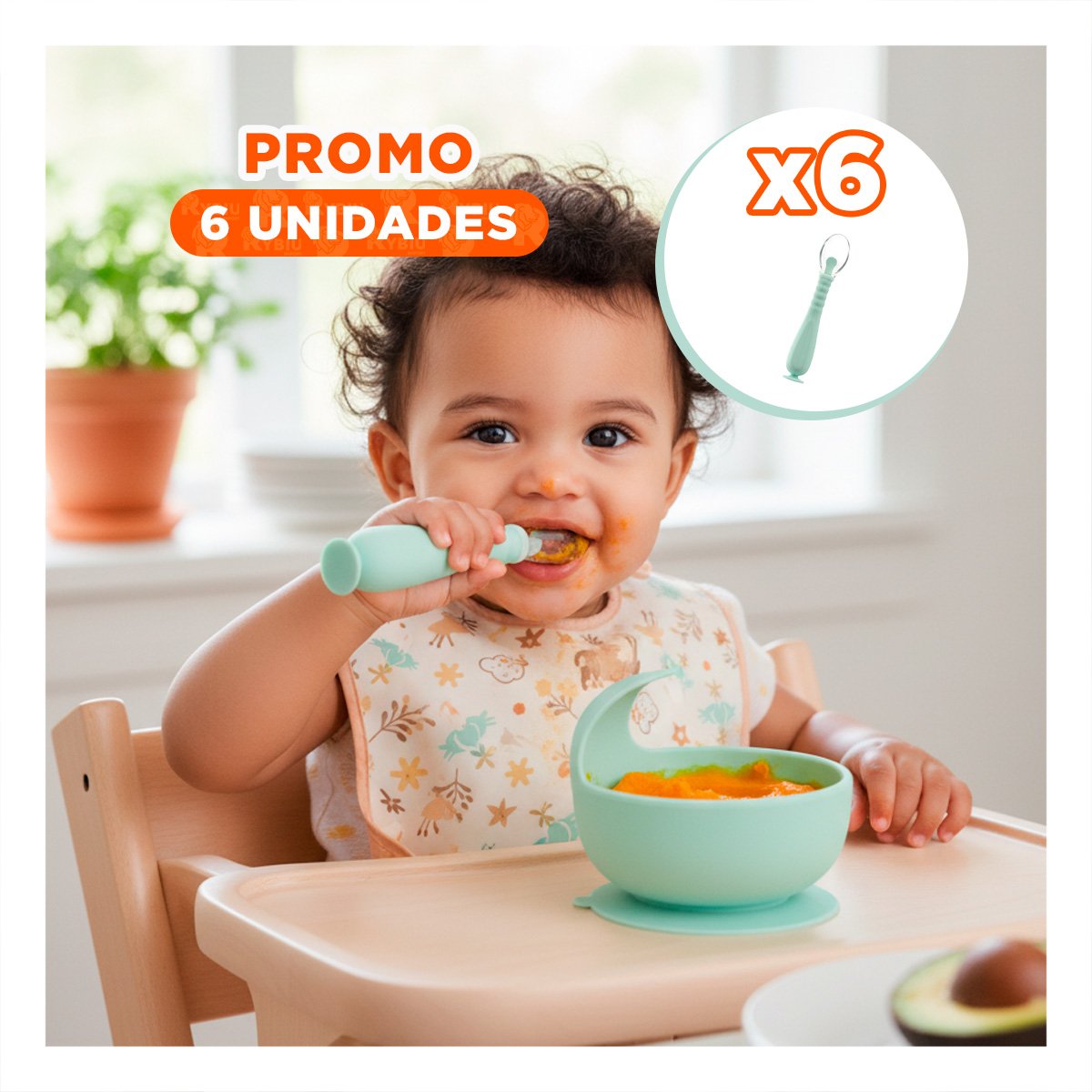 PACK6 UTENSILIO INFANTIL VERDE AGUA CON ESTUCHE Y VENTOSA INTEGRADA Y+REGALO STICKER - 1