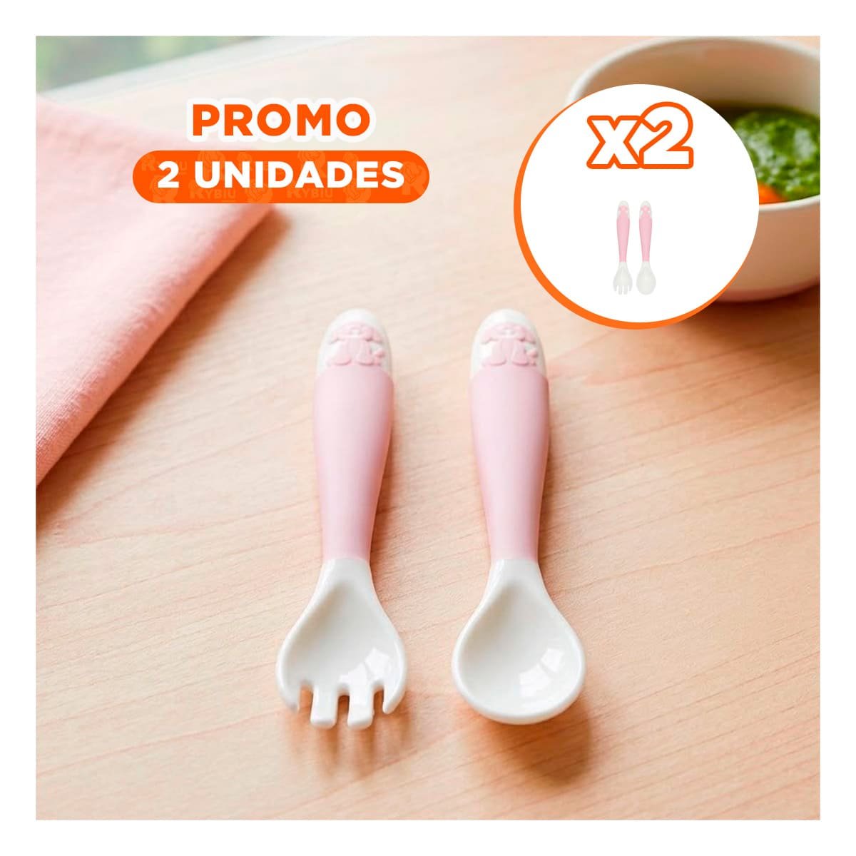 PACK2 SET ROSADO INFANTIL CON CUCHARA Y TENEDOR EN FORMA PERRITO CON ESTUCHE Y+REGALO STICKER - 1