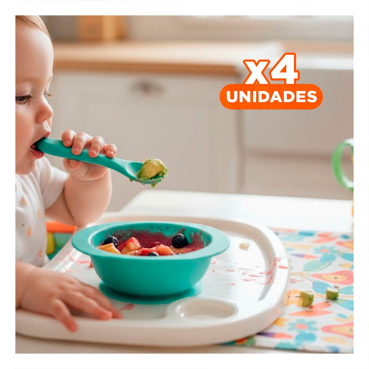 PACK4 SET INFANTIL EN COLOR VERDE CON CUCHARA Y TENEDOR FABRICADOS EN SILICONA - 1