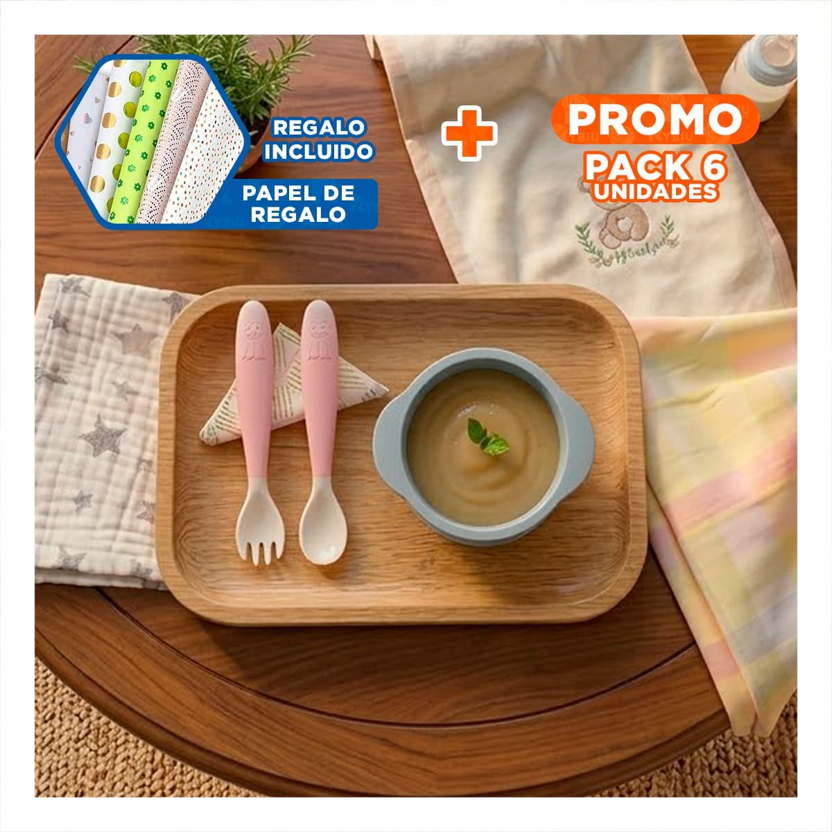 PACK6 EQUIPO EN COLOR ROSADO CON ESTUCHE INCLUYE CUCHARA Y TENEDOR PERRITO Y+PAPEL REGALO - 1