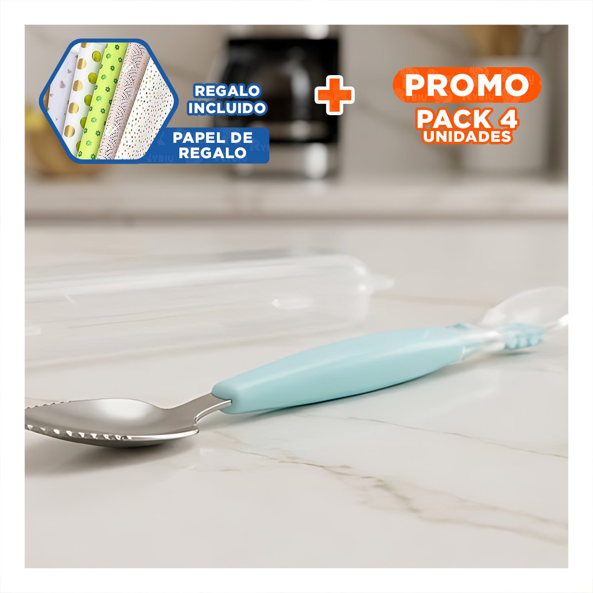 PACK4 CUCHARA EN VERDE AGUA CON SISTEMA DOBLE RASPADOR Y ESTUCHE TRANSPARENTE Y+PAPEL REGALO - 1