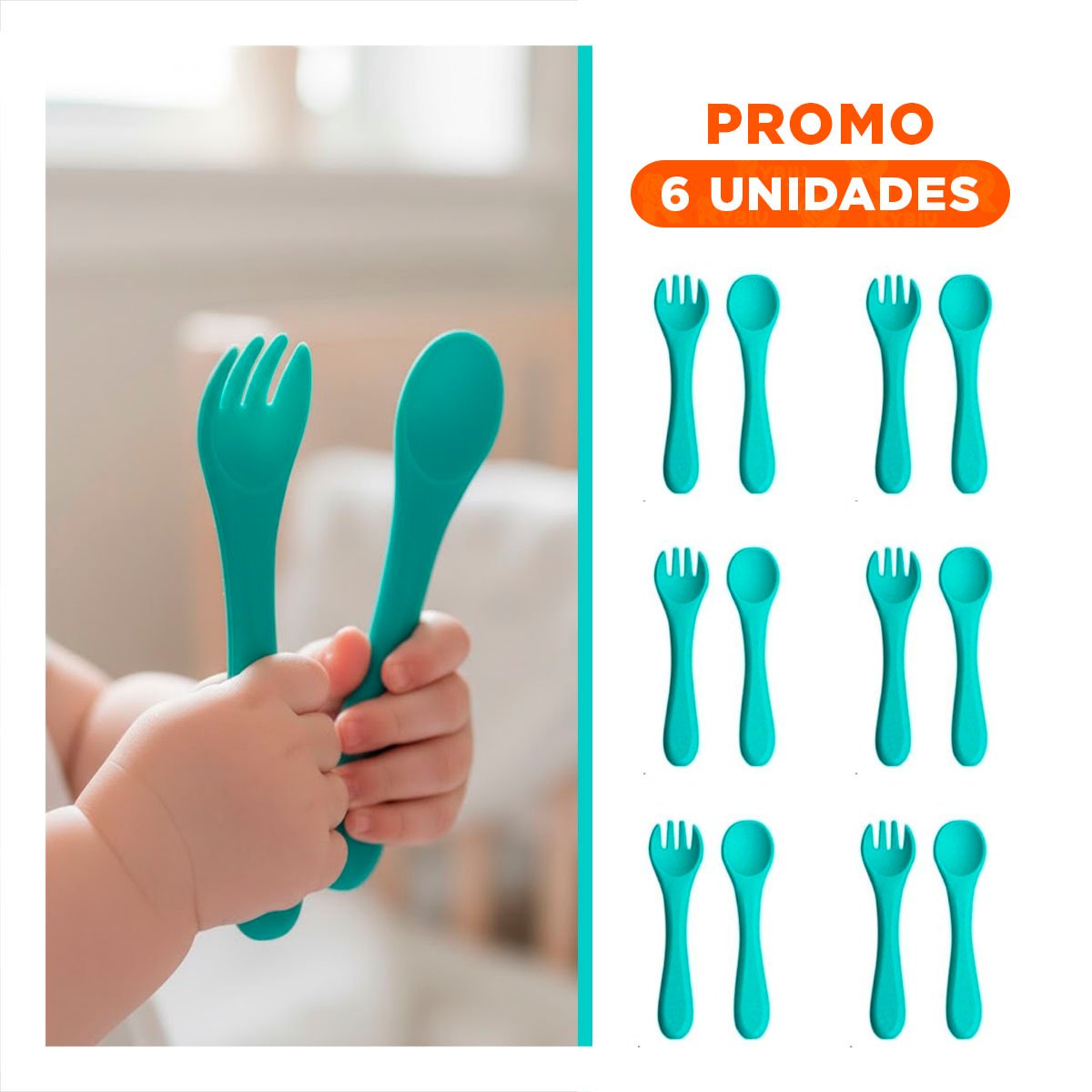 PACK6 CONJUNTO EN COLOR VERDE DE CUCHARA Y TENEDOR EN SILICONA FLEXIBLE - 1
