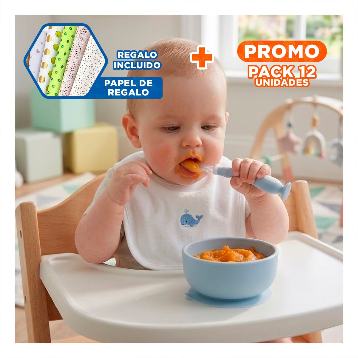 PACK12 ALIMENTADOR PARA BEBE CELESTE CON ESTUCHE PORTATIL Y VENTOSA Y+PAPEL REGALO - 1
