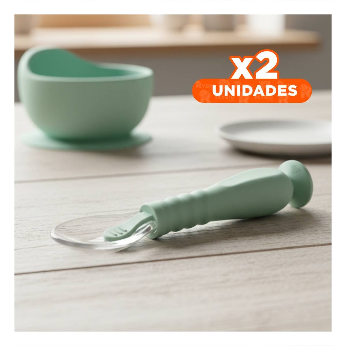 PACK2 SET VERDE AGUA DE 2 CUCHARAS CON ESTUCHE PROTECTOR Y VENTOSA Y+REGALO STICKER - 1