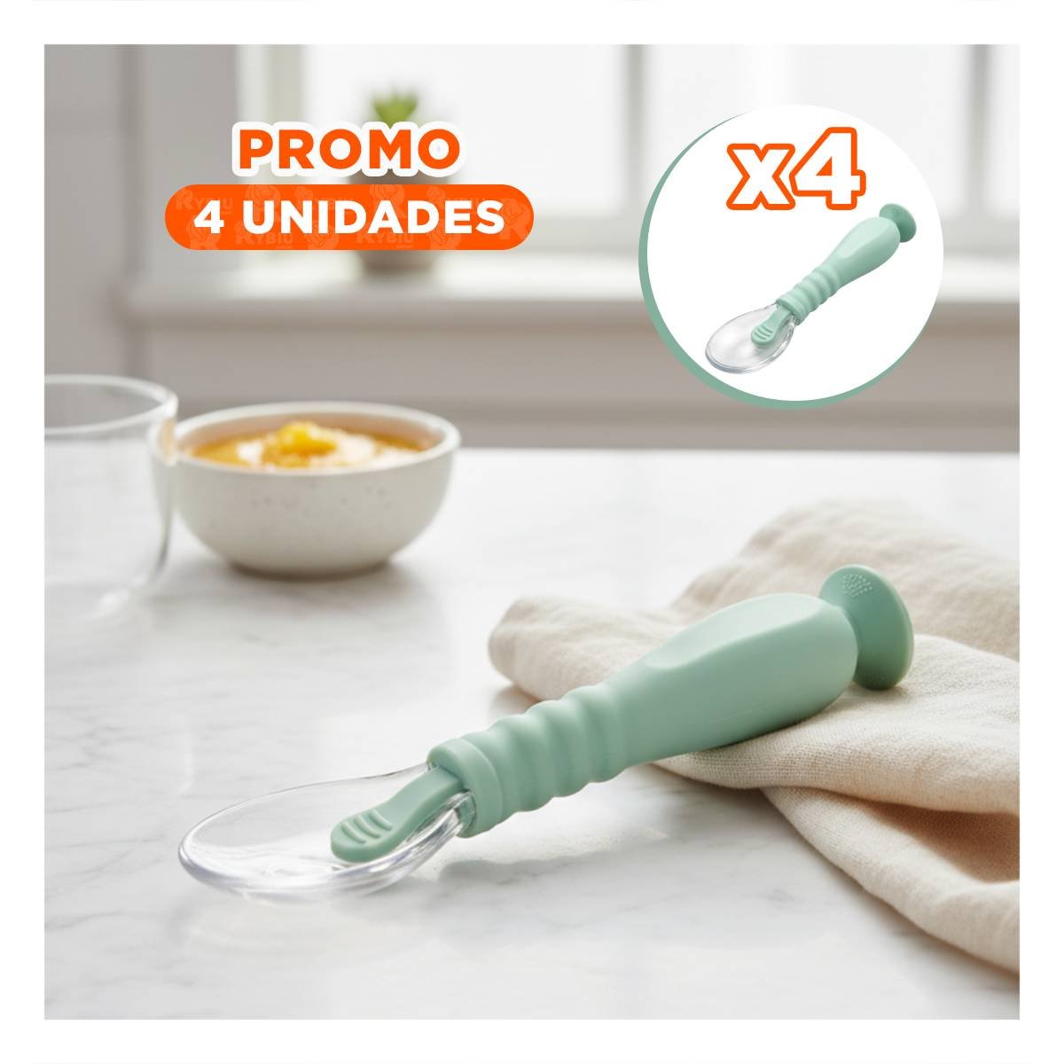 PACK4 CUCHARAS VERDE AGUA 2 PIEZAS CON VENTOSA ESTABLE Y ESTUCHE PORTATIL INFANTIL - 1