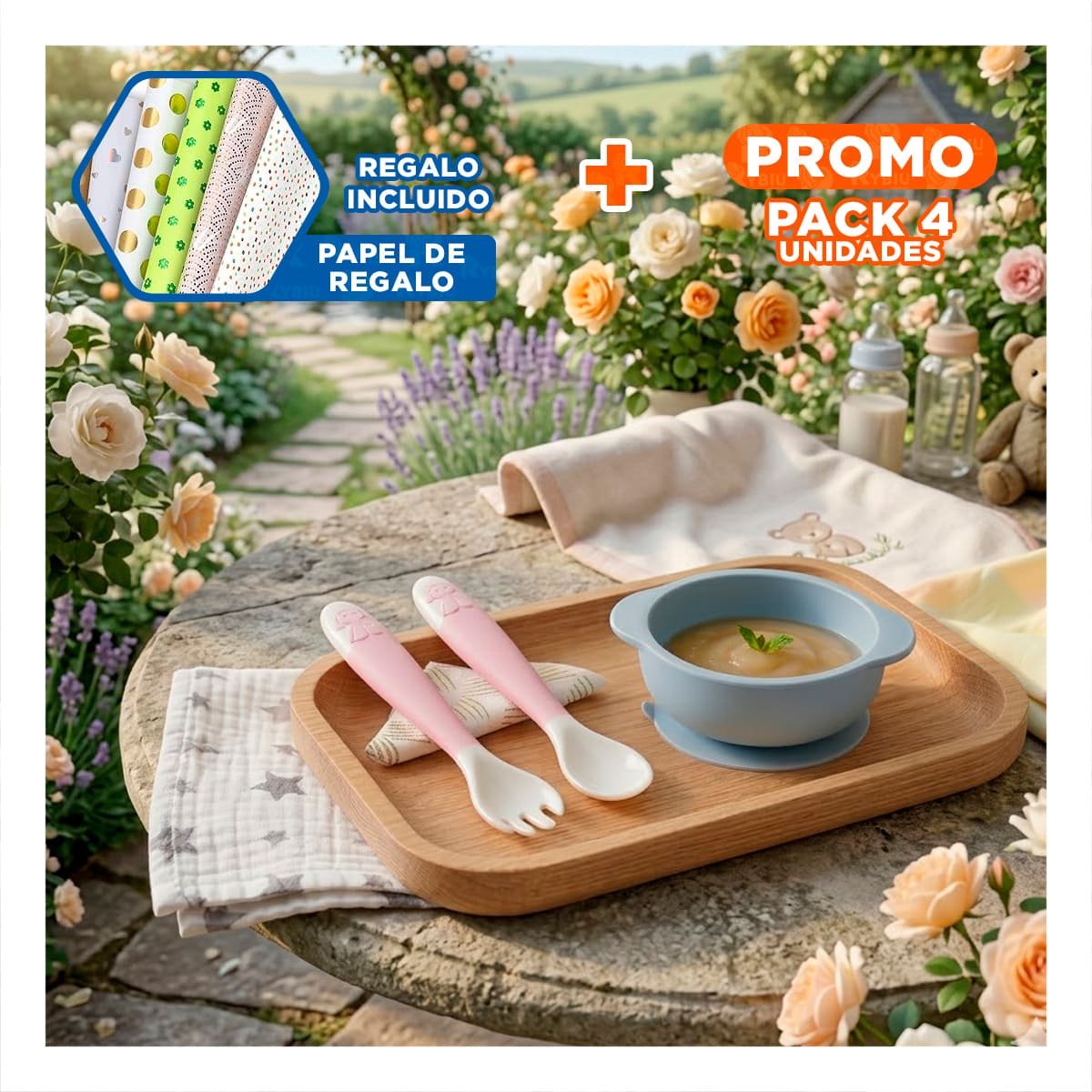 PACK4 SET DE ALIMENTACION EN ROSADO CON CUCHARA Y TENEDOR PERRITO CON ESTUCHE Y+PAPEL REGALO - 1