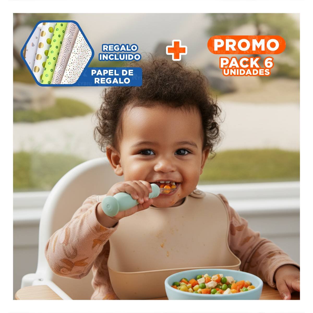 PACK6 ALIMENTADOR VERDE AGUA CON SET DE 2 CUCHARAS Y ESTUCHE PROTECTOR VENTOSA Y+PAPEL REGALO - 1