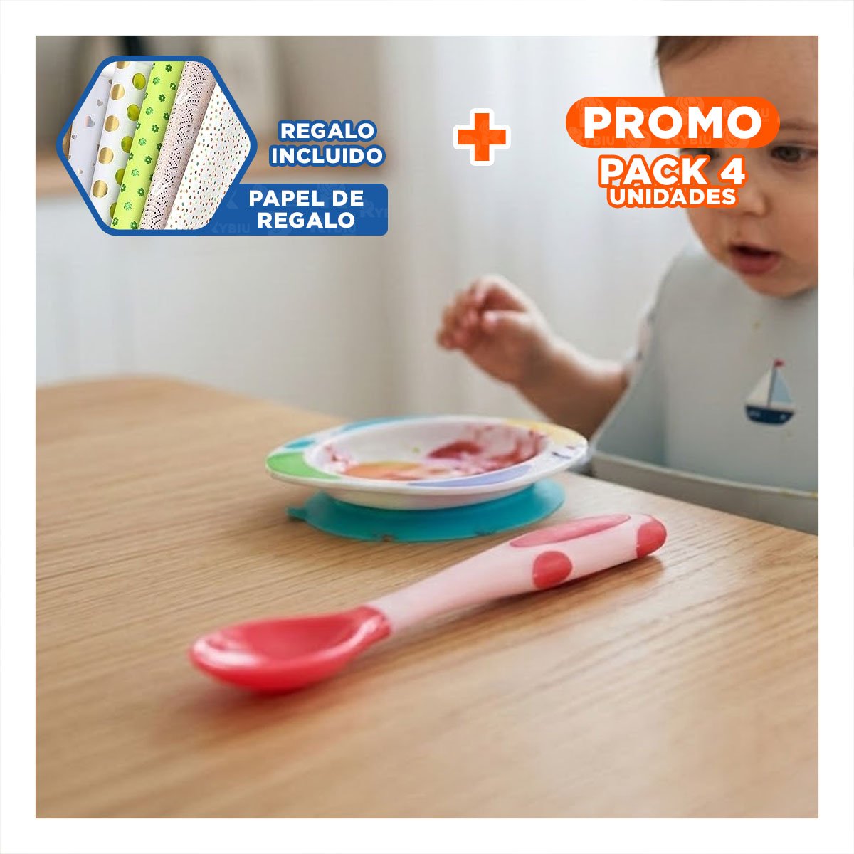 PACK4 CUCHARA EN COLOR ROJO CON MATERIAL DE SILICONA Y FORMA ERGONOMICA INFANTIL Y+PAPEL REGALO - 1