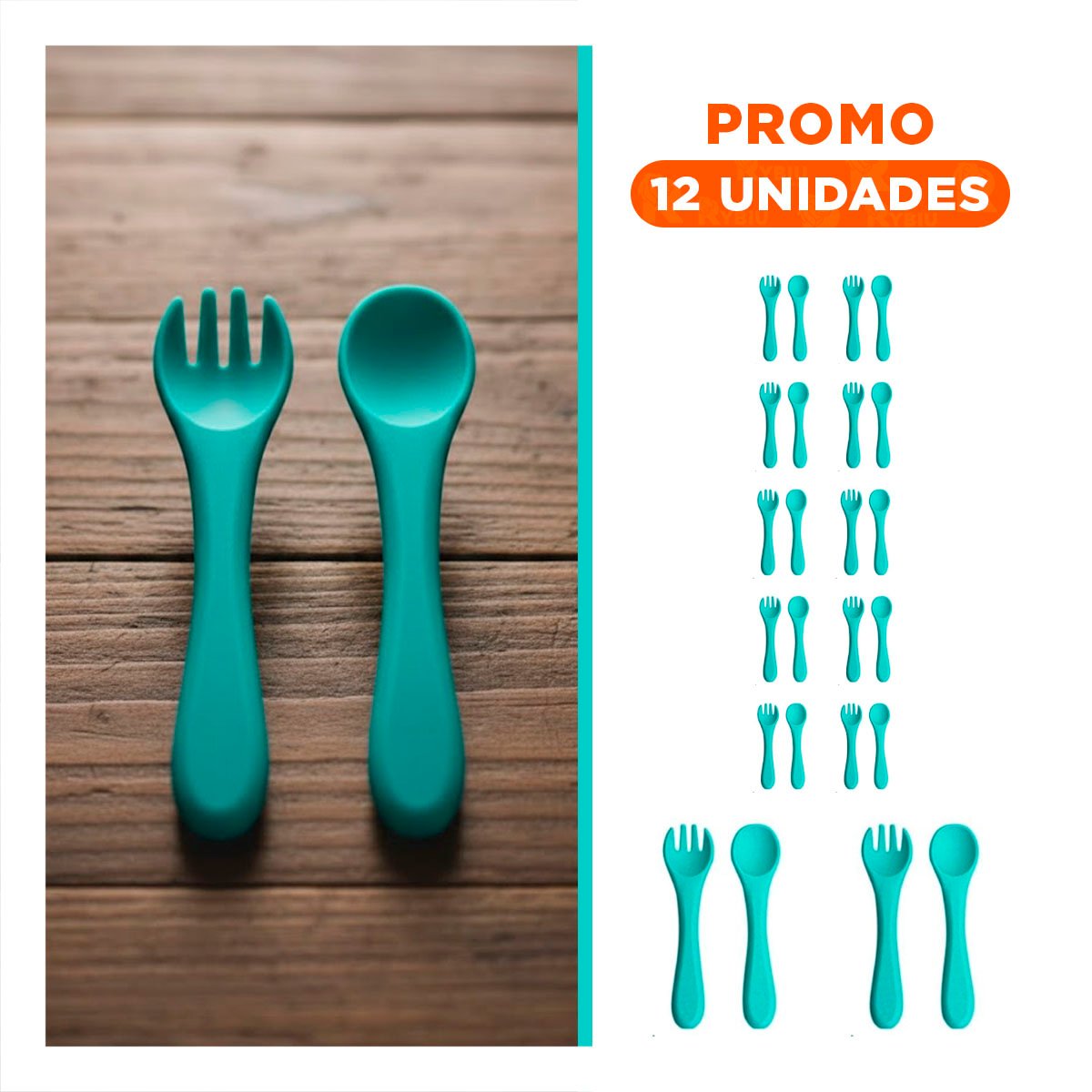 PACK12 KIT DE SILICONA EN COLOR VERDE CON CUCHARA Y TENEDOR Y+REGALO STICKER - 1