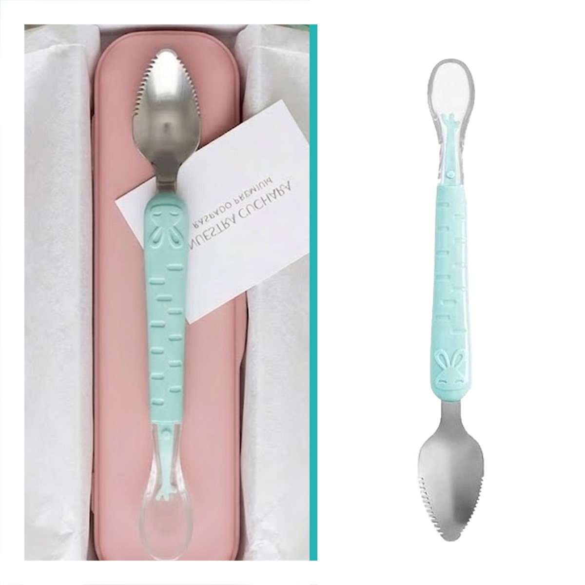 UTENSILIO DOBLE RASPADOR EN COLOR VERDE AGUA CON CONEJO ESTAMPADO COMPACTO - 3