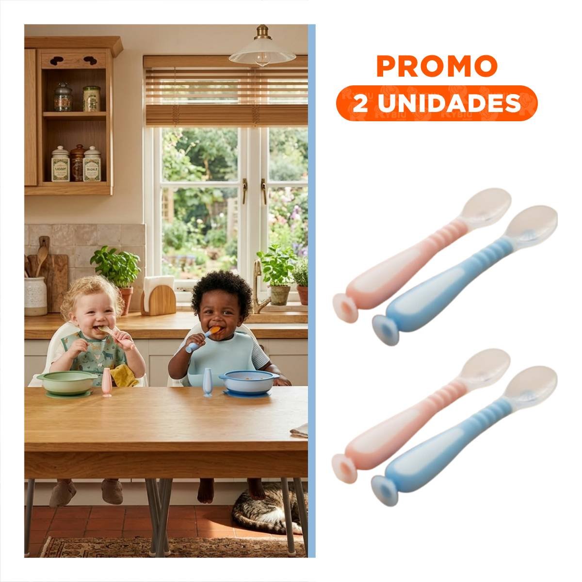 PACK2 CUCHARAS DE ALIMENTACION 2 UNIDADES CELESTE Y ROSADO CON ESTUCHE Y SOPORTE VENTOSA - 1