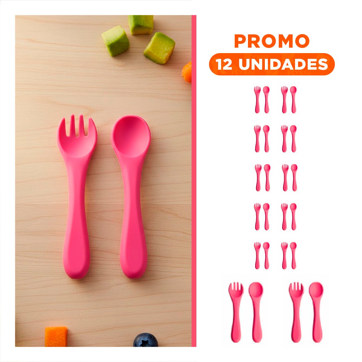 PACK12 KIT DE SILICONA EN COLOR ROSADO CON CUCHARA Y TENEDOR Y+REGALO STICKER - 1