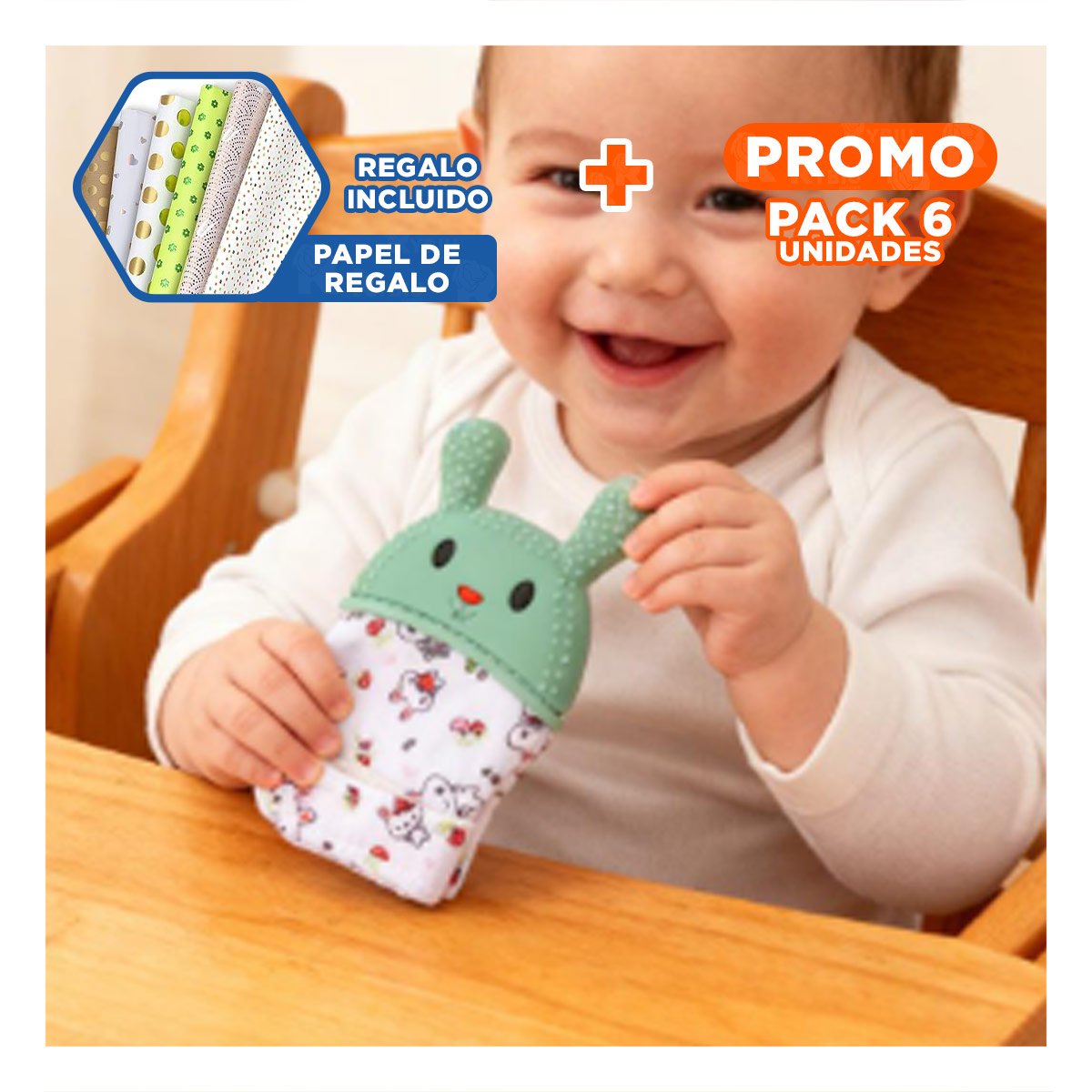 PACK6 MANOPLA MORDEDORA EN FORMA DE CONEJO EN COLOR VERDE AGUA INFANTIL Y+PAPEL REGALO - 1