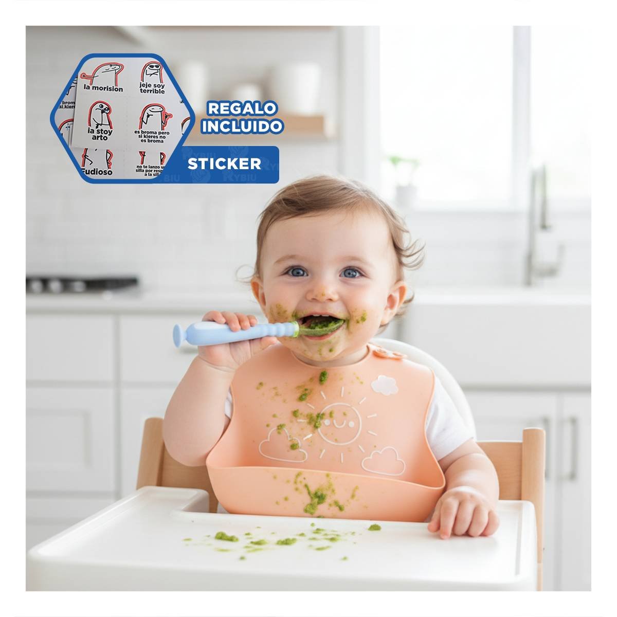 SET ERGONOMICO CELESTE CON 2 CUCHARAS INFANTILES Y ESTUCHE SEGURO Y+REGALO STICKER - 1