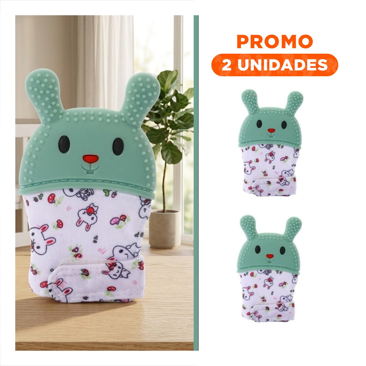 PACK2 GUANTE MORDEDOR CON FIGURA DE FORMA DE CONEJO EN COLOR VERDE AGUA FLEXIBLE - 1