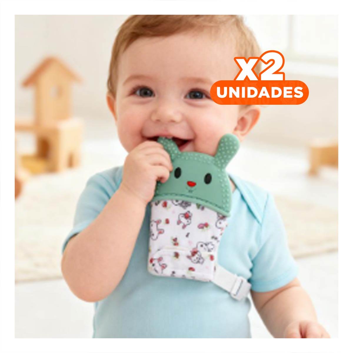 PACK2 GUANTE MORDEDOR INFANTIL EN COLOR VERDE AGUA CON FORMA DE CONEJO Y+REGALO STICKER - 1
