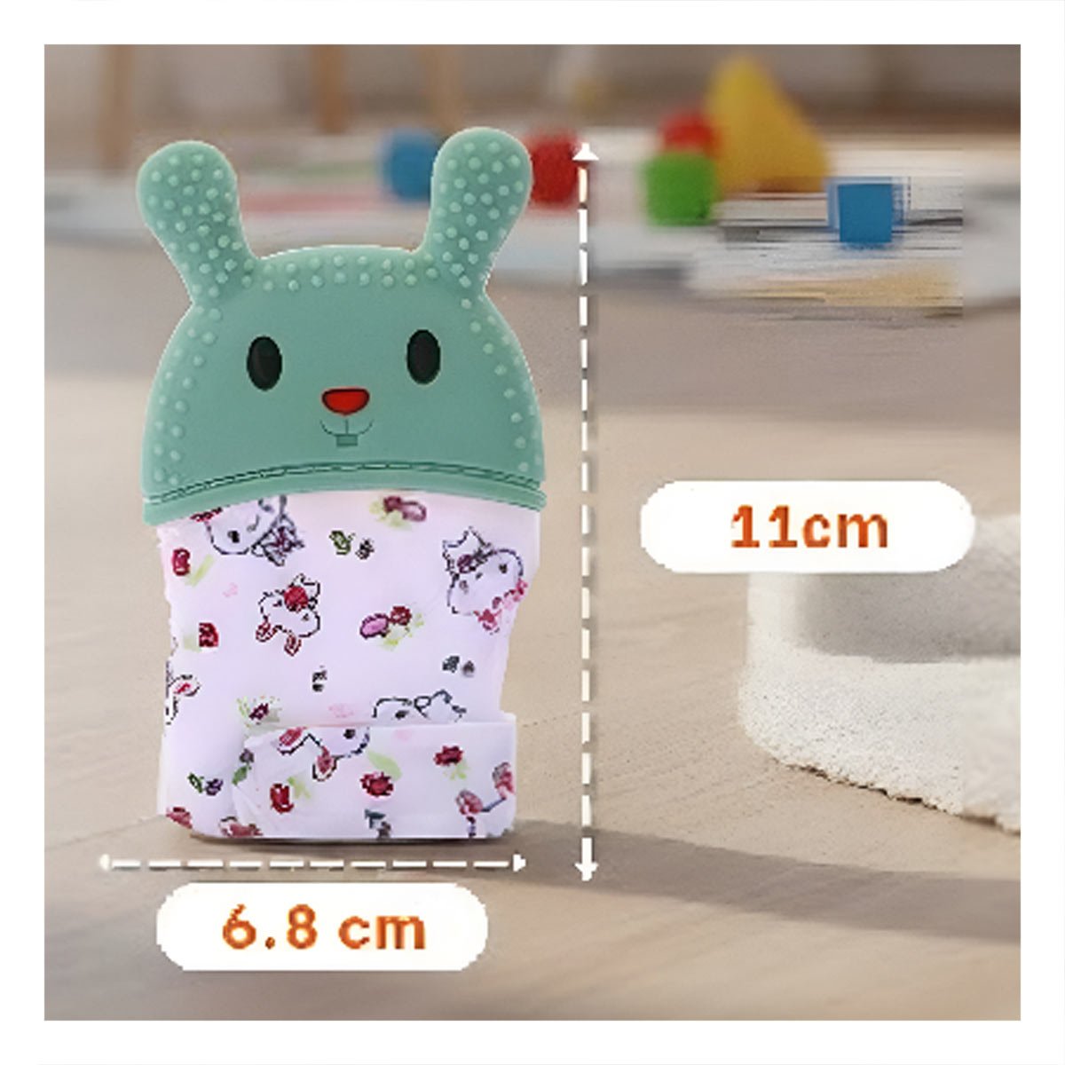 PACK2 GUANTE MORDEDOR INFANTIL EN COLOR VERDE AGUA CON FORMA DE CONEJO Y+REGALO STICKER - 4