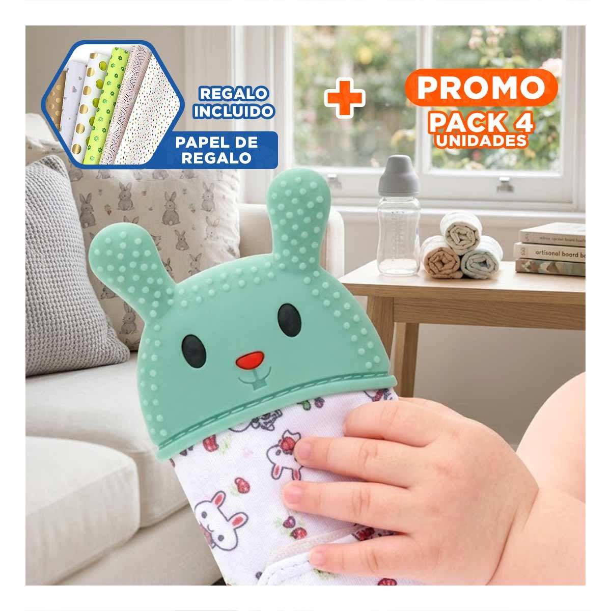 PACK4 GUANTE MORDEDOR SUAVE EN COLOR VERDE AGUA TIPO FORMA DE CONEJO INFANTIL Y+PAPEL REGALO - 1