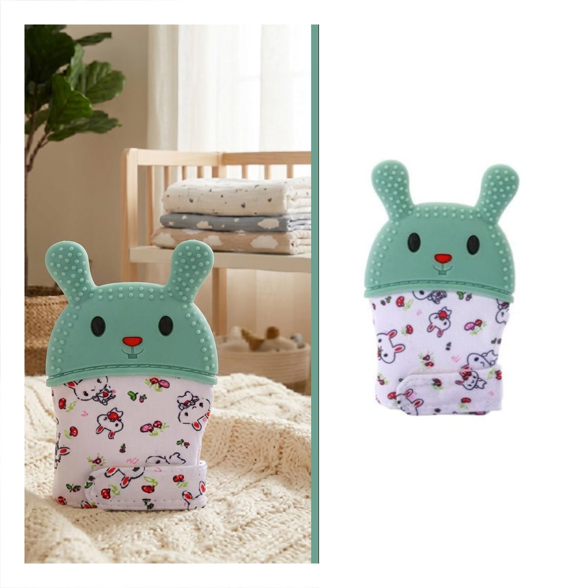 MORDEDOR INFANTIL TIPO FORMA DE CONEJO EN COLOR VERDE AGUA CON GUANTE FLEXIBLE - 3