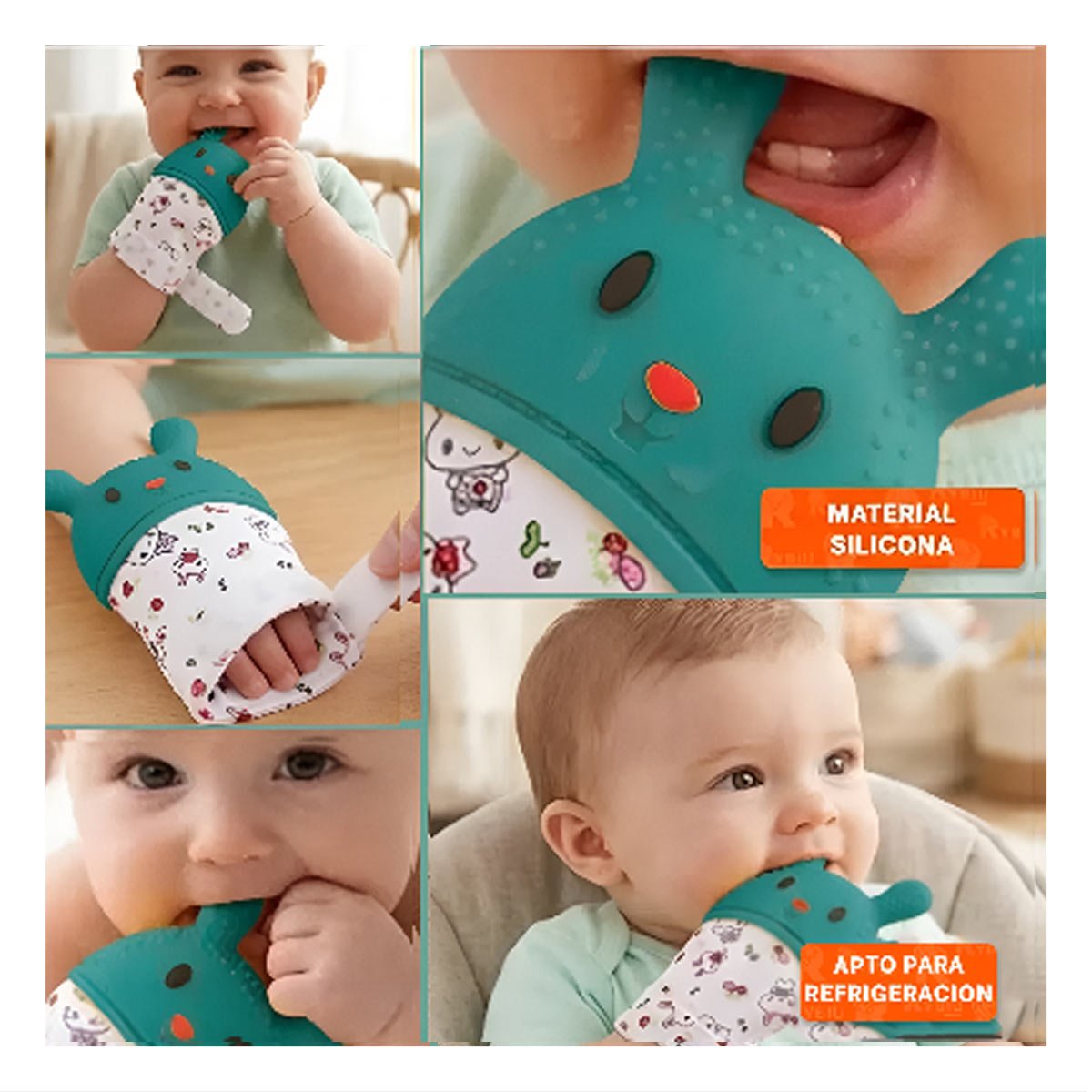 MORDEDOR INFANTIL TIPO FORMA DE CONEJO EN COLOR VERDE AGUA CON GUANTE FLEXIBLE - 5