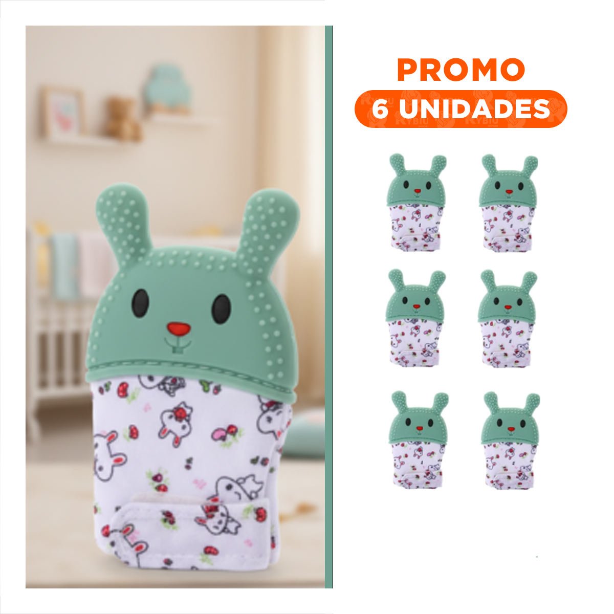 PACK6 ACCESORIO MORDEDOR EN COLOR VERDE AGUA CON FIGURA FORMA DE CONEJO FLEXIBLE - 1