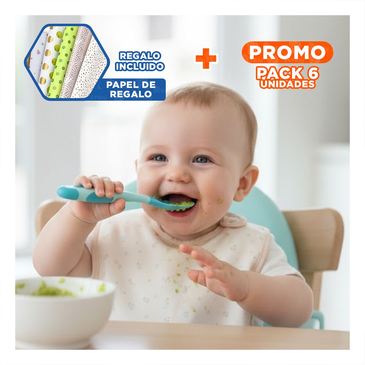 PACK6 ALIMENTADOR INFANTIL EN COLOR CELESTE ELABORADO EN SILICONA SUAVE Y+PAPEL REGALO - 1