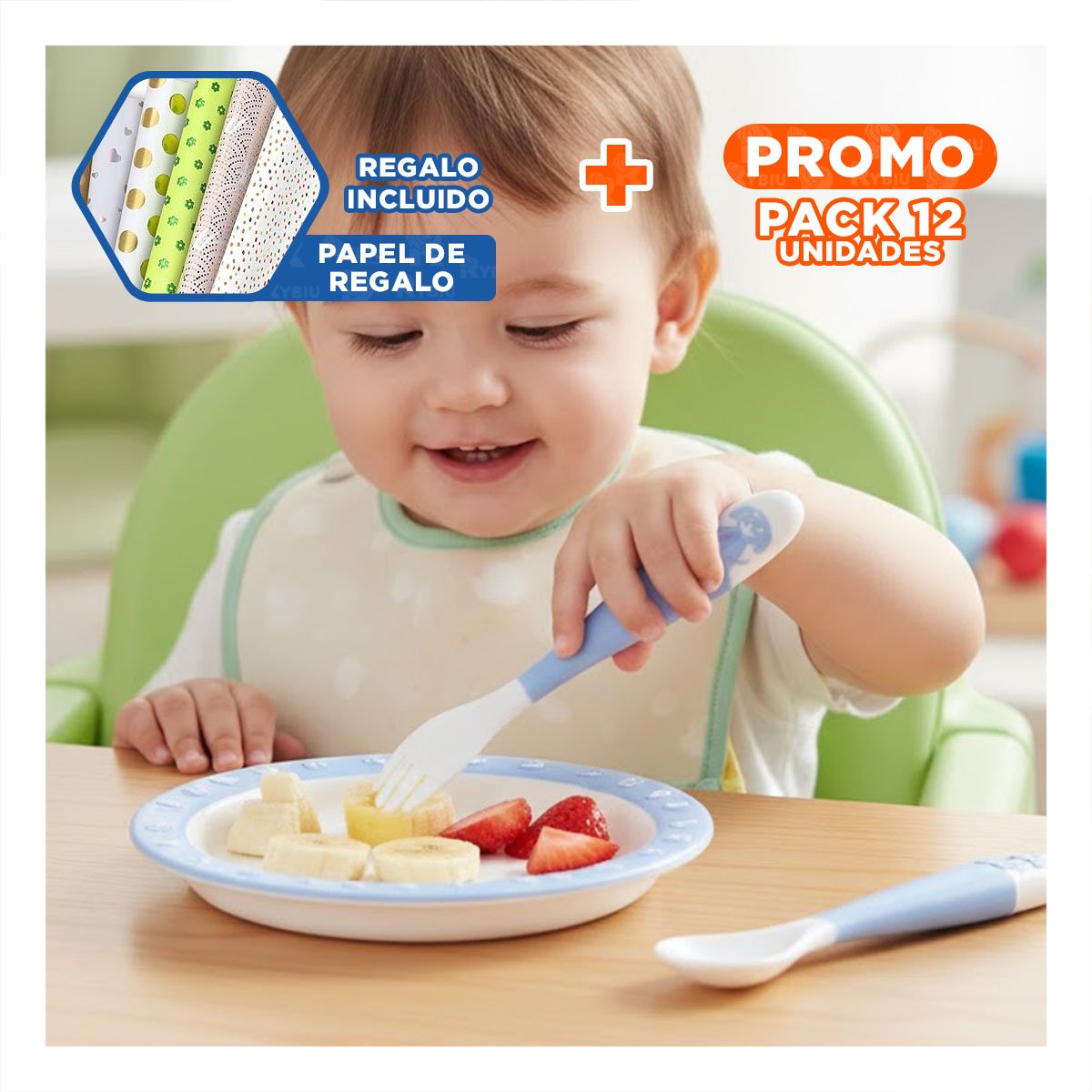 PACK12 CONJUNTO EN COLOR AZUL CON CUCHARA Y TENEDOR PERRITO Y ESTUCHE PROTECTOR Y+PAPEL REGALO - 1