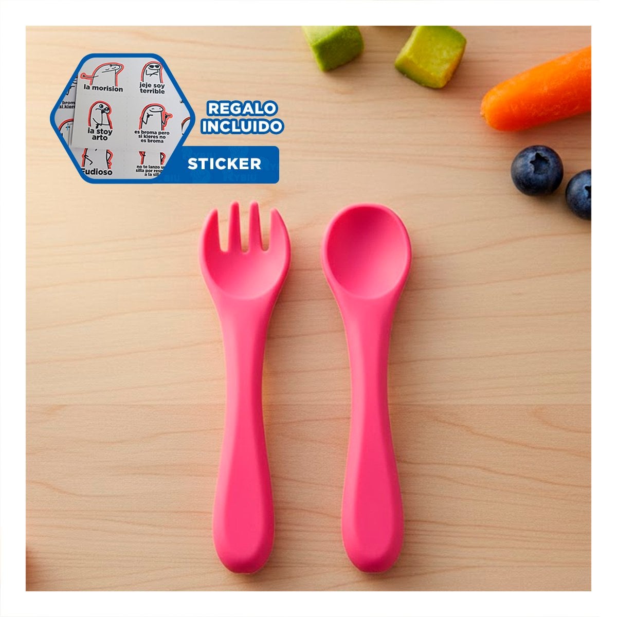 JUEGO INFANTIL EN COLOR ROSADO CON CUBIERTOS EN SILICONA Y+REGALO STICKER - 1