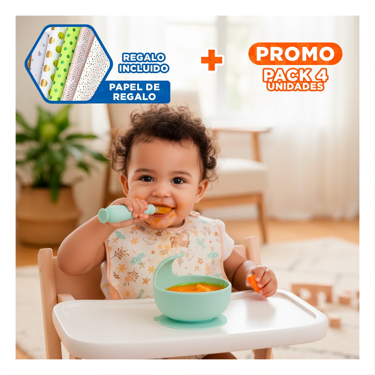PACK4 CUCHARA VERDE AGUA CON VENTOSA ESTABLE INCLUYE ESTUCHE PARA ALIMENTACION Y+PAPEL REGALO - 1