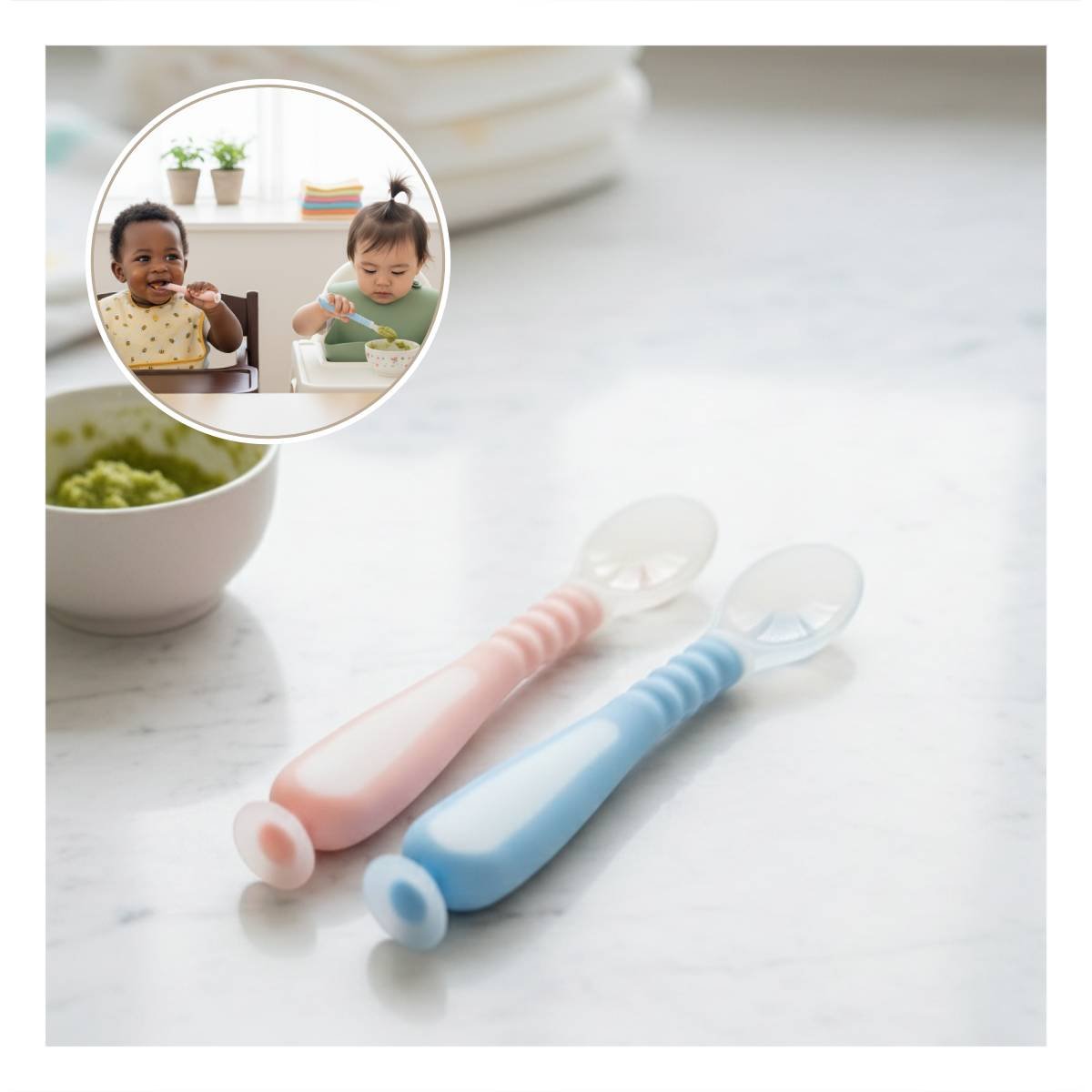 SET DE 2 CUCHARAS CELESTE Y ROSADO CON ESTUCHE PORTATIL Y VENTOSA INFERIOR Y+PAPEL REGALO - 5