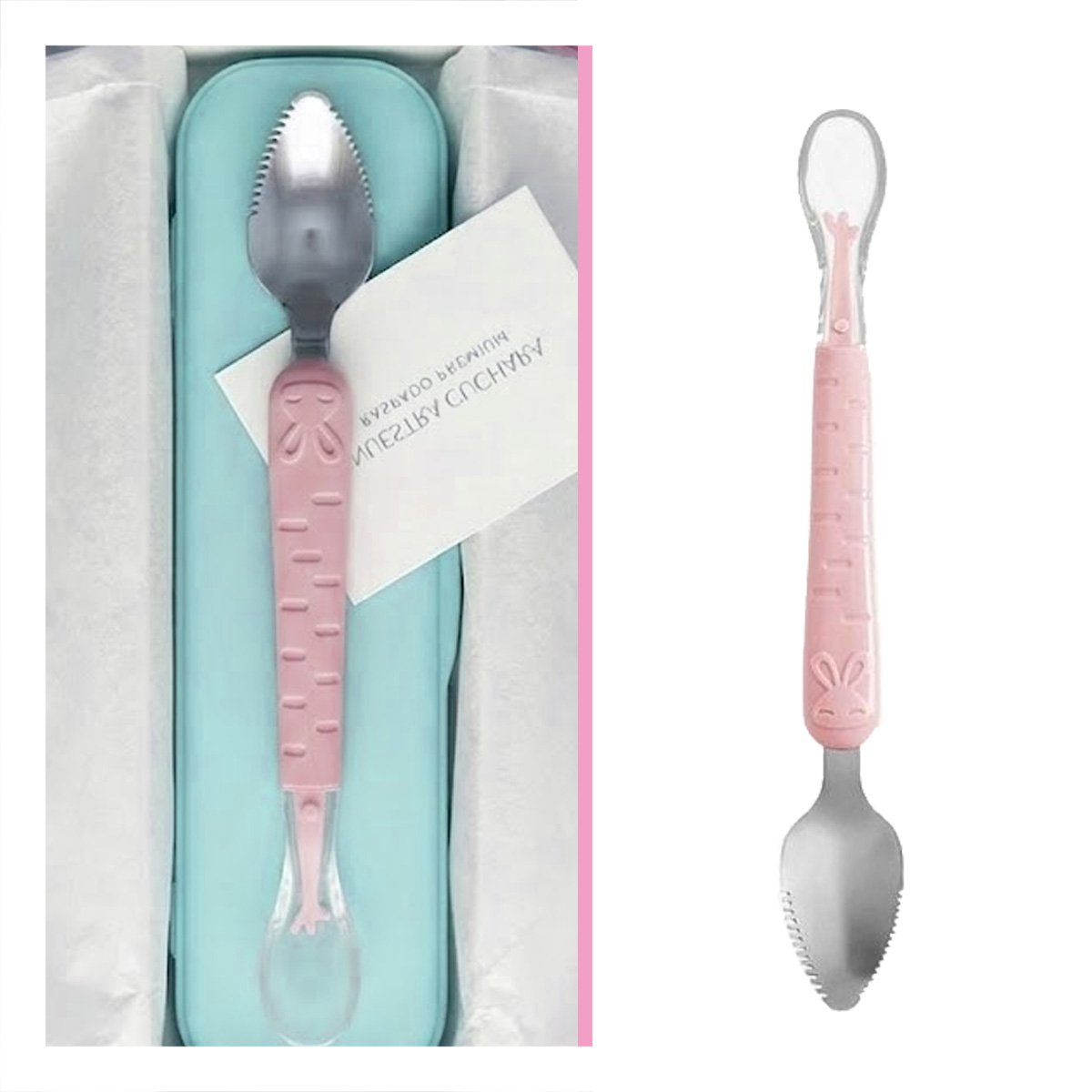 UTENSILIO DOBLE RASPADOR EN COLOR ROSADO CON CONEJO ESTAMPADO COMPACTO - 3