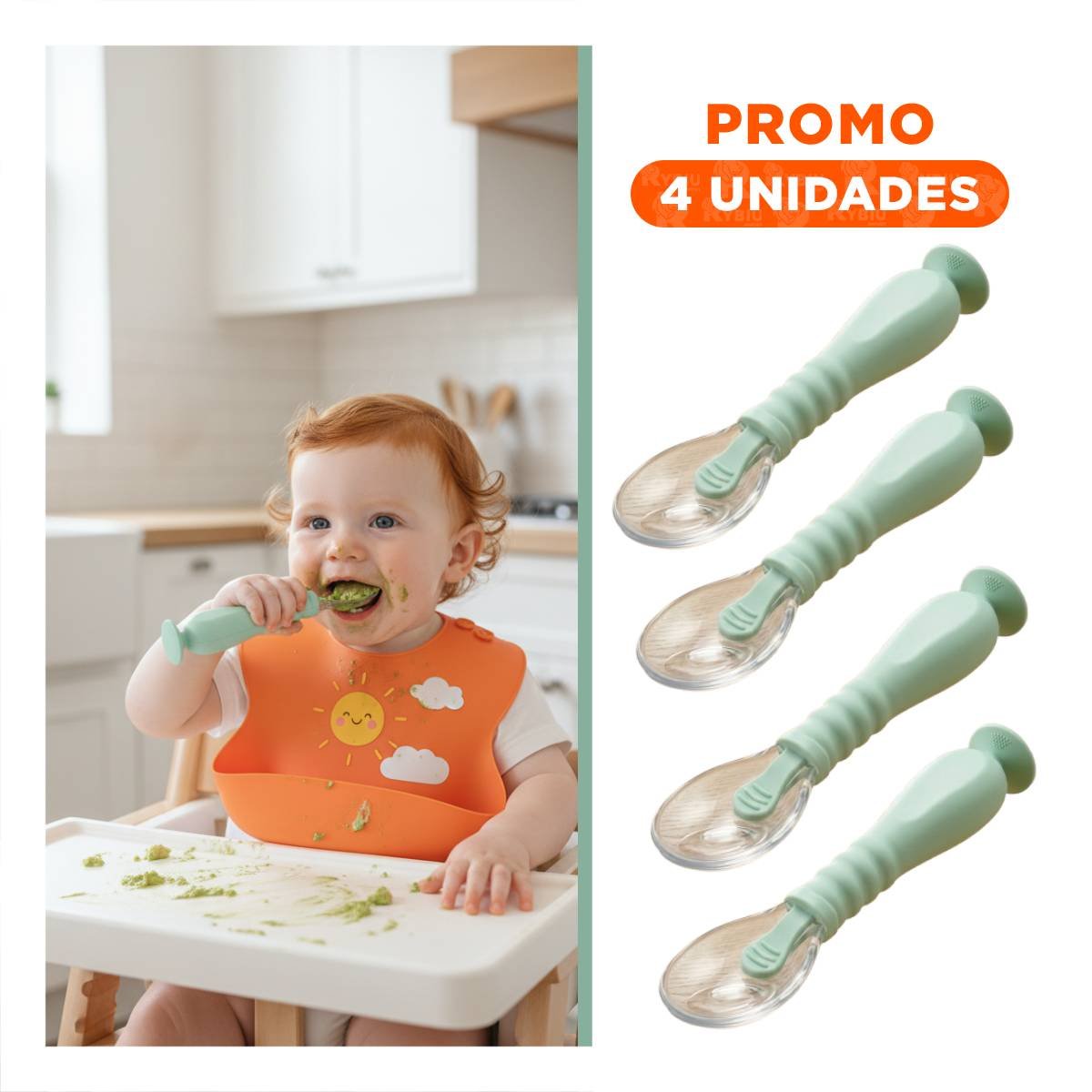PACK4 SET VERDE AGUA INCLUYE 2 CUCHARAS ERGONOMICAS CON VENTOSA Y ESTUCHE Y+REGALO STICKER - 1