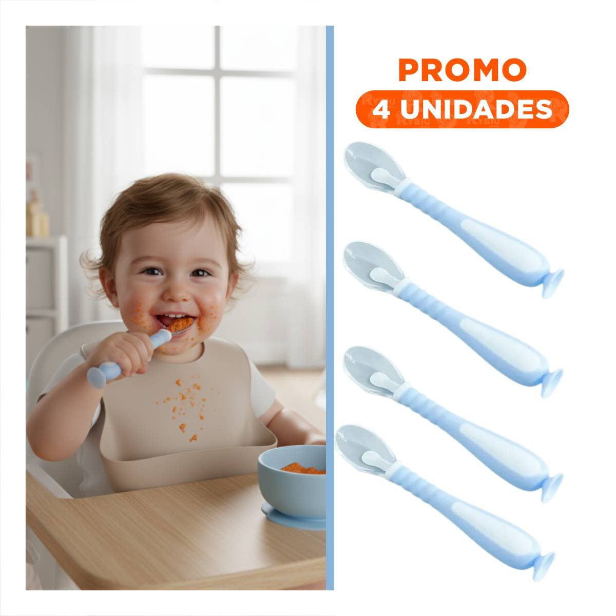 PACK4 SET CELESTE INCLUYE 2 CUCHARAS ERGONOMICAS CON VENTOSA Y ESTUCHE Y+REGALO STICKER - 1