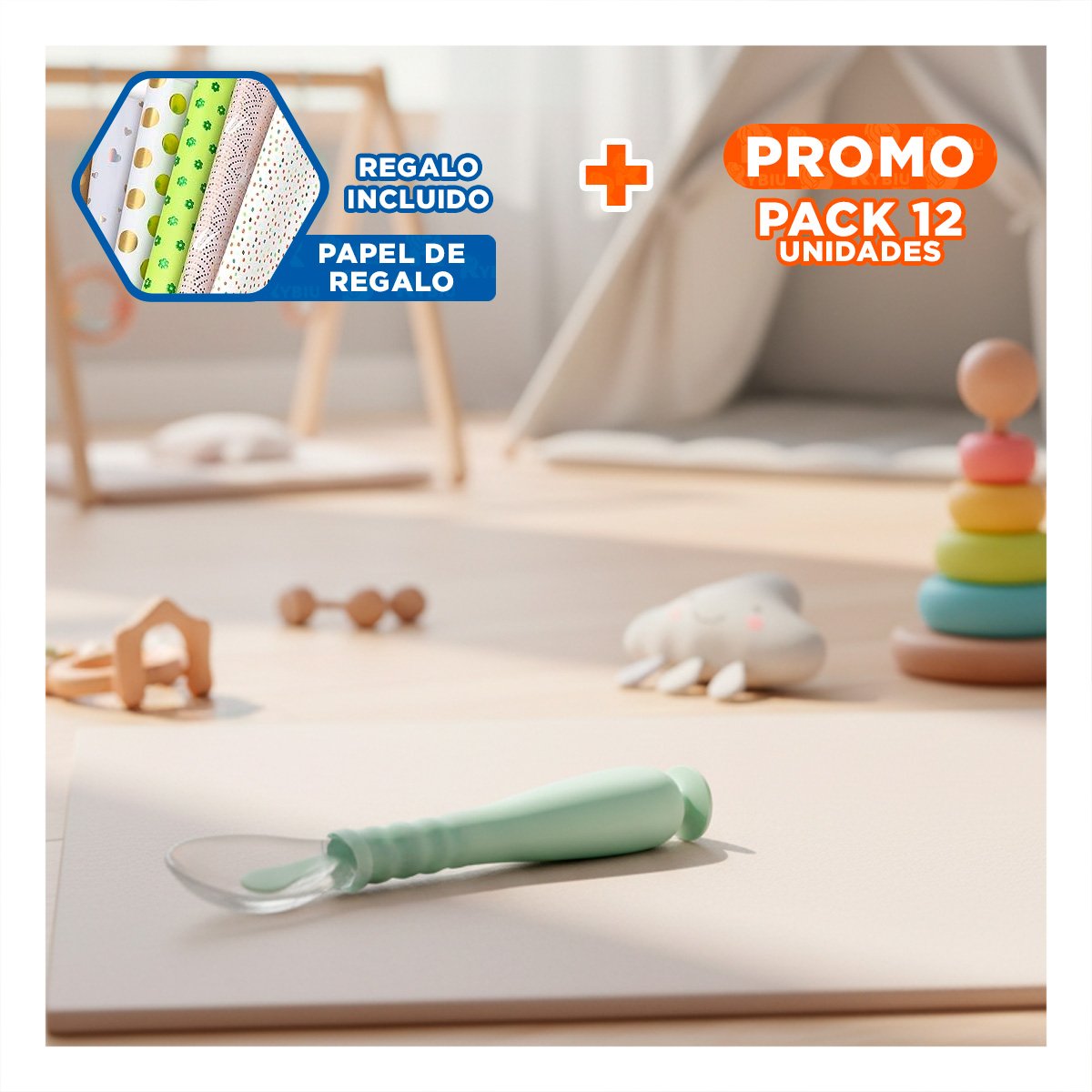 PACK12 ALIMENTADOR PARA BEBE VERDE AGUA CON ESTUCHE PORTATIL Y VENTOSA Y+PAPEL REGALO - 1
