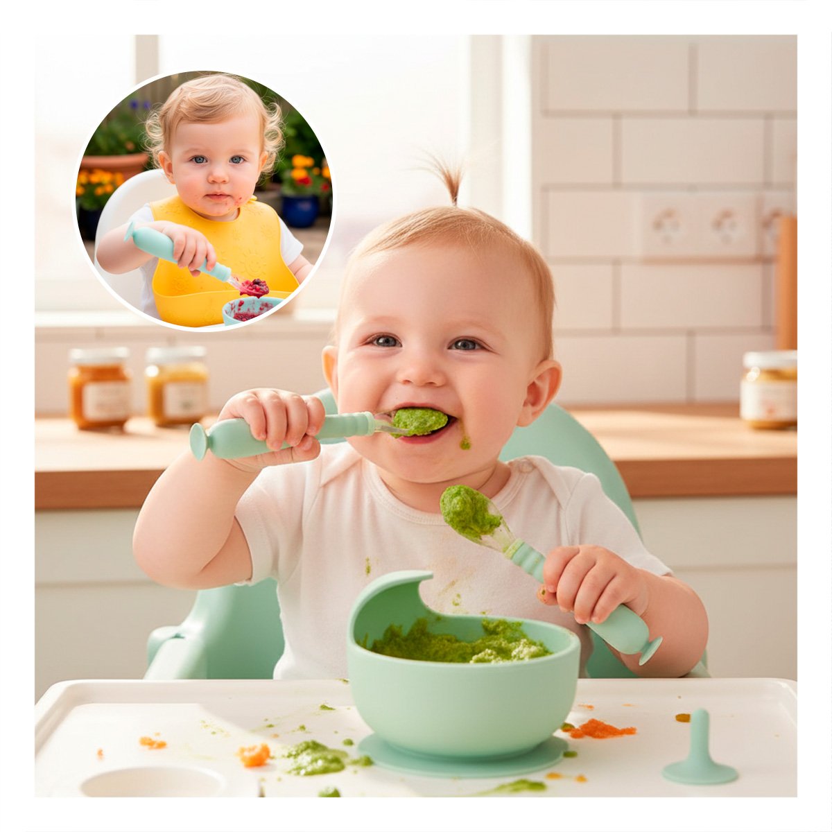 PACK12 ALIMENTADOR PARA BEBE VERDE AGUA CON ESTUCHE PORTATIL Y VENTOSA Y+PAPEL REGALO - 3