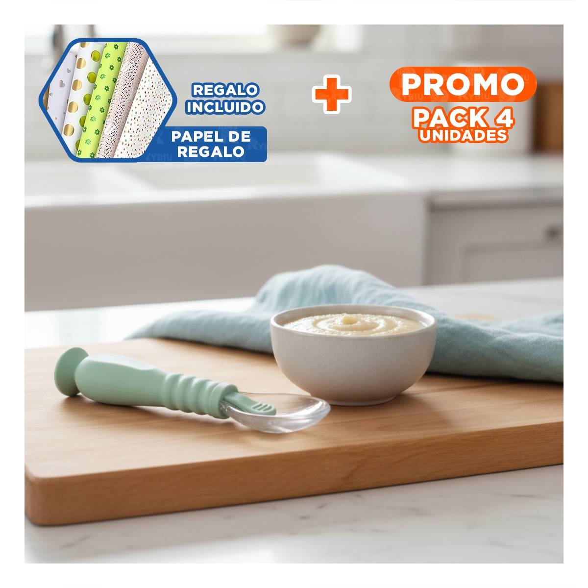 PACK4 ALIMENTADOR PARA BEBE VERDE AGUA INCLUYE 2 CUCHARAS CON VENTOSA Y ESTUCHE Y+PAPEL REGALO - 1