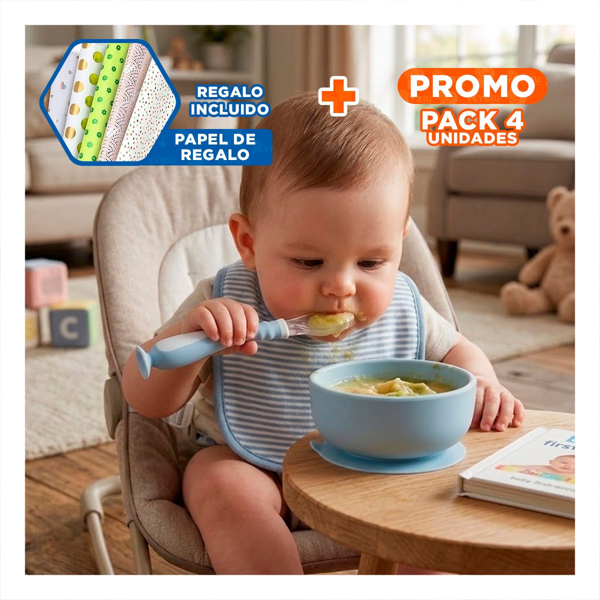 PACK4 UTENSILIO INFANTIL CELESTE CON VENTOSA INFERIOR Y ESTUCHE Y+PAPEL REGALO - 1
