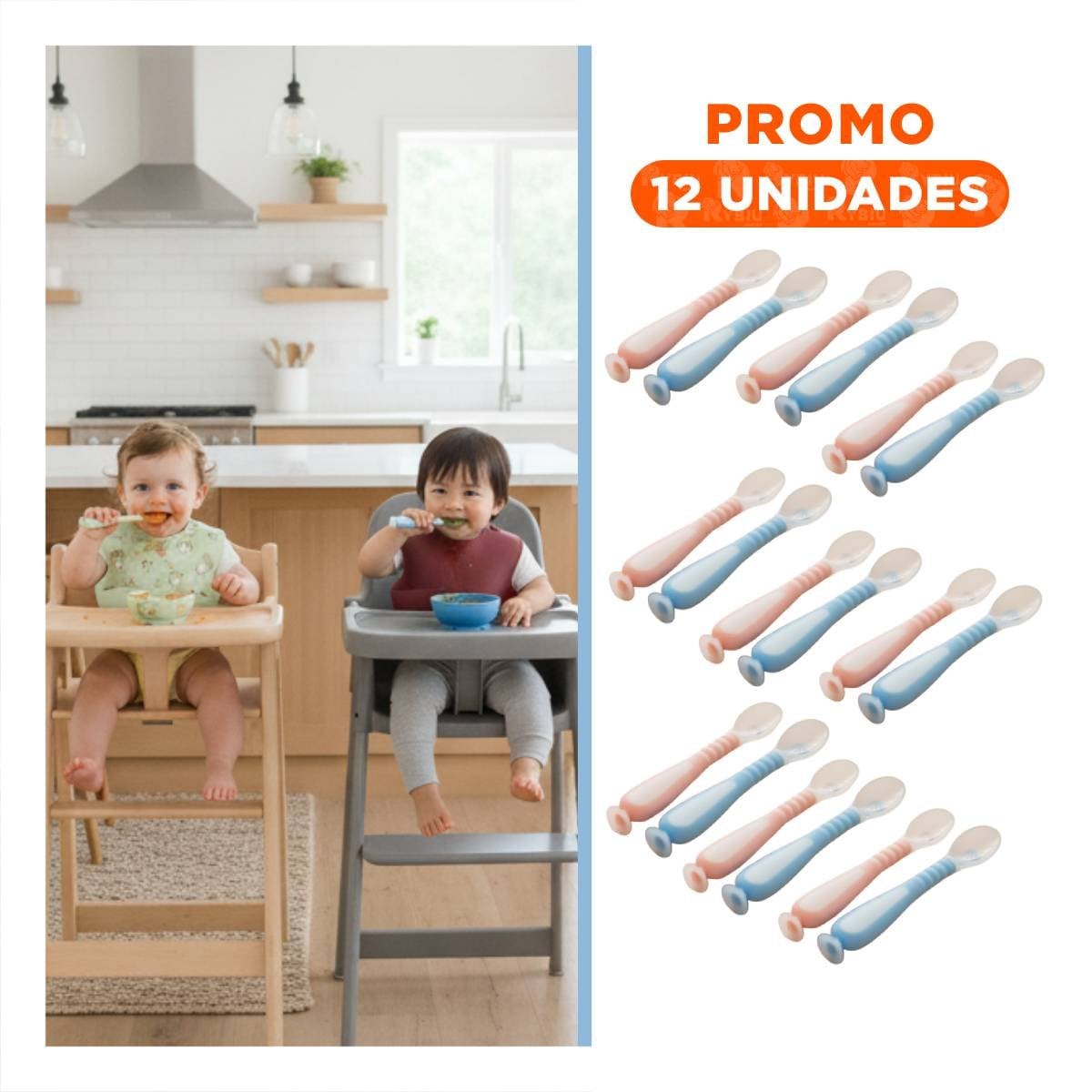 PACK12 JUEGO DE ALIMENTACION CELESTE Y ROSADO CON 2 CUCHARAS Y SISTEMA VENTOSA Y+REGALO STICKER - 1