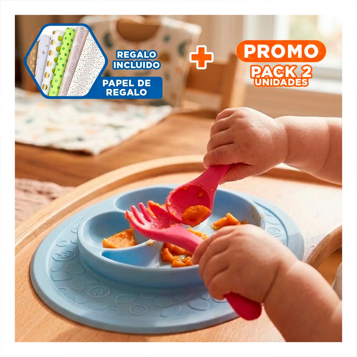 PACK2 SET DE CUCHARA Y TENEDOR INFANTIL EN COLOR ROSADO MATERIAL SILICONA Y+PAPEL REGALO - 1