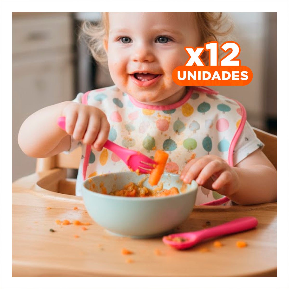PACK12 KIT INFANTIL EN COLOR ROSADO CON CUCHARA Y TENEDOR MATERIAL SILICONA - 1