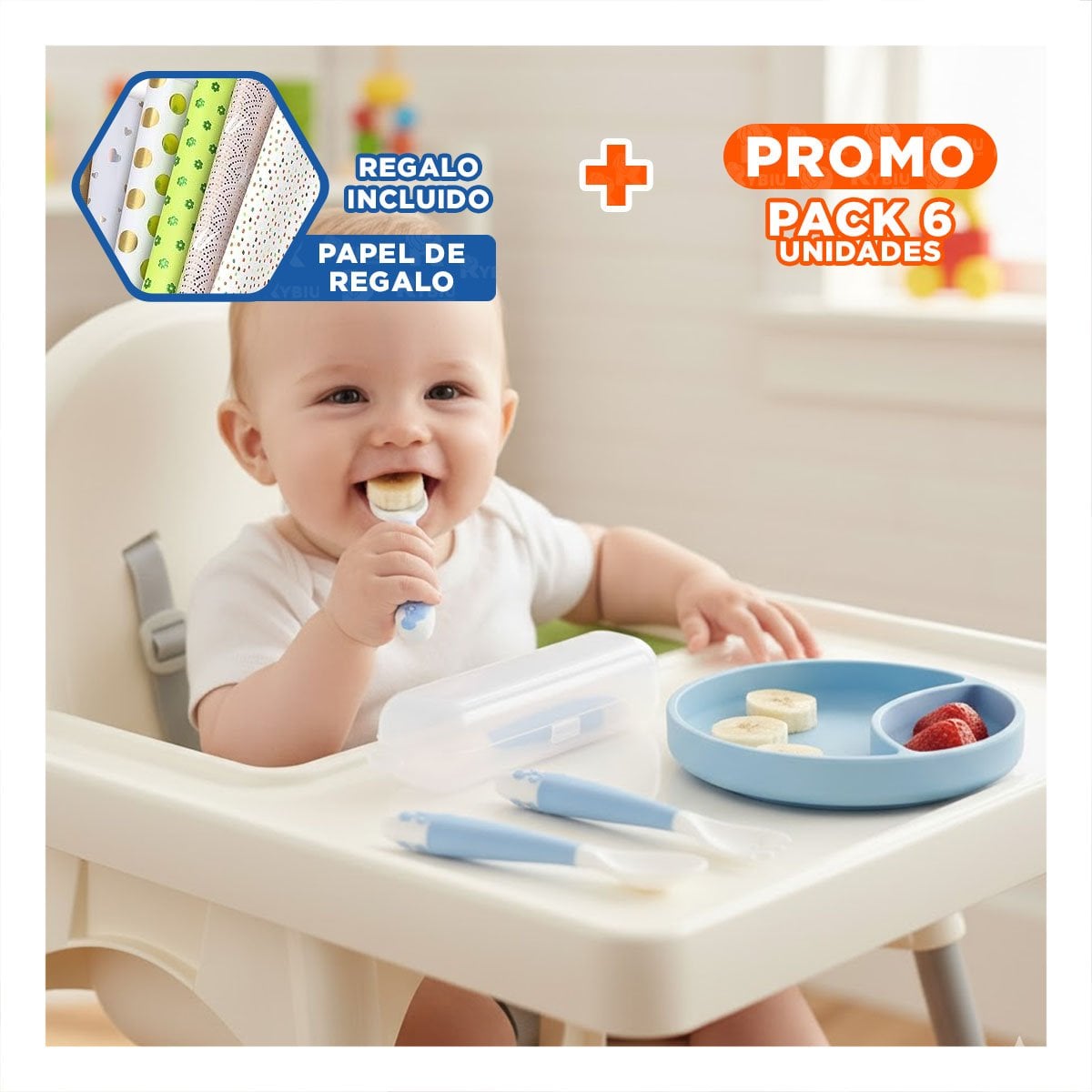 PACK6 EQUIPO EN COLOR AZUL CON ESTUCHE INCLUYE CUCHARA Y TENEDOR PERRITO Y+PAPEL REGALO - 1