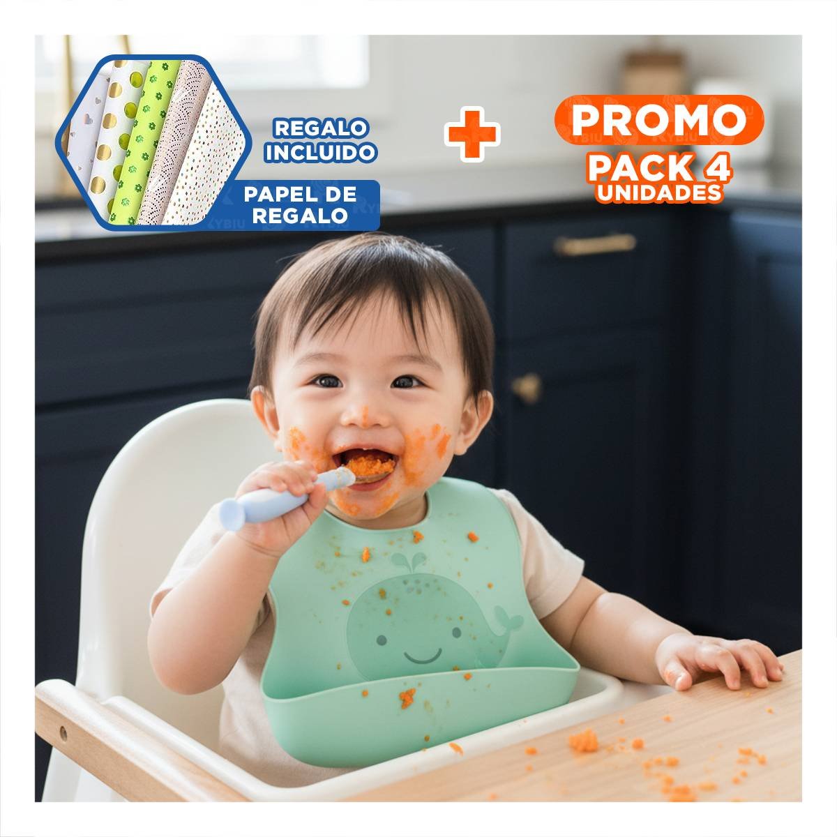 PACK4 ALIMENTADOR PARA BEBE CELESTE INCLUYE 2 CUCHARAS CON VENTOSA Y ESTUCHE Y+PAPEL REGALO - 1