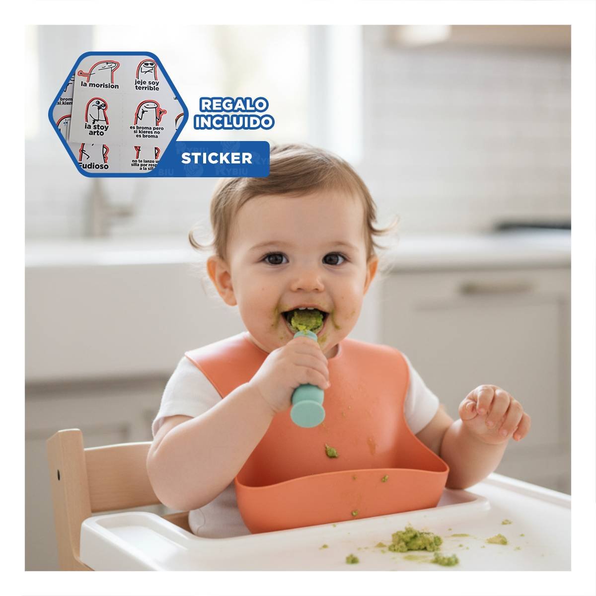 SET ERGONOMICO VERDE AGUA CON 2 CUCHARAS INFANTILES Y ESTUCHE SEGURO Y+REGALO STICKER - 1