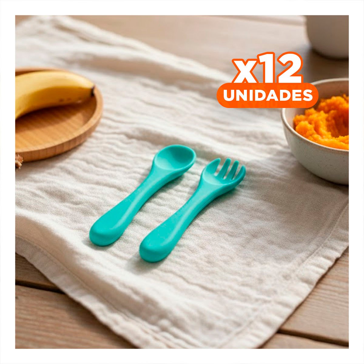 PACK12 KIT INFANTIL EN COLOR VERDE CON CUCHARA Y TENEDOR MATERIAL SILICONA - 1