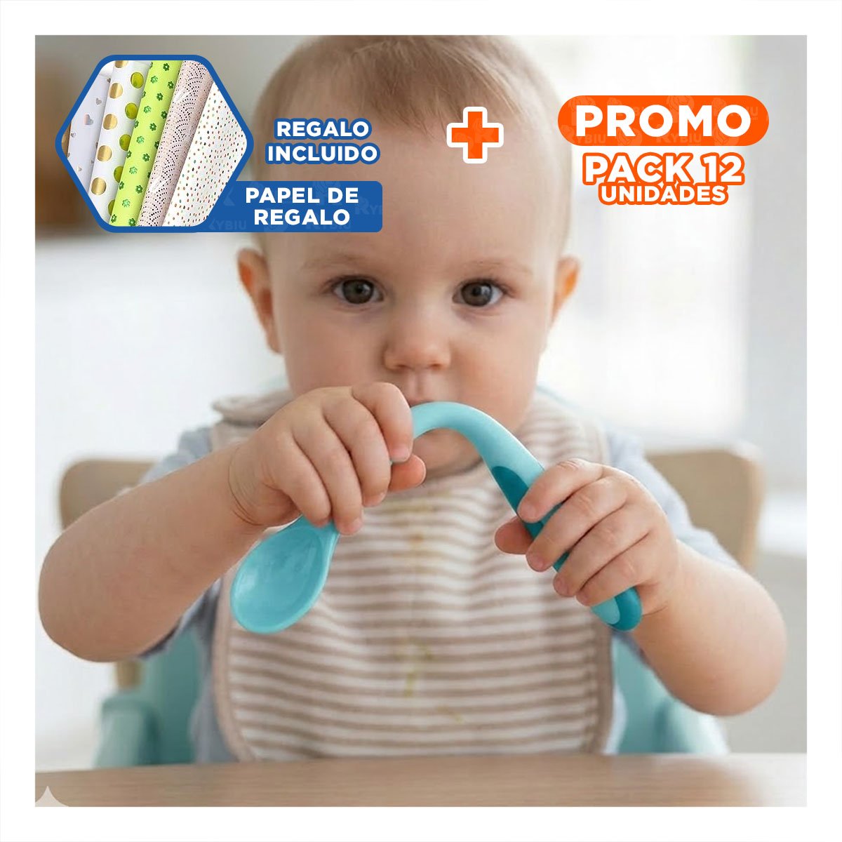 PACK12 ALIMENTADOR INFANTIL EN COLOR CELESTE CON SILICONA SUAVE PARA USO DIARIO Y+PAPEL REGALO - 1