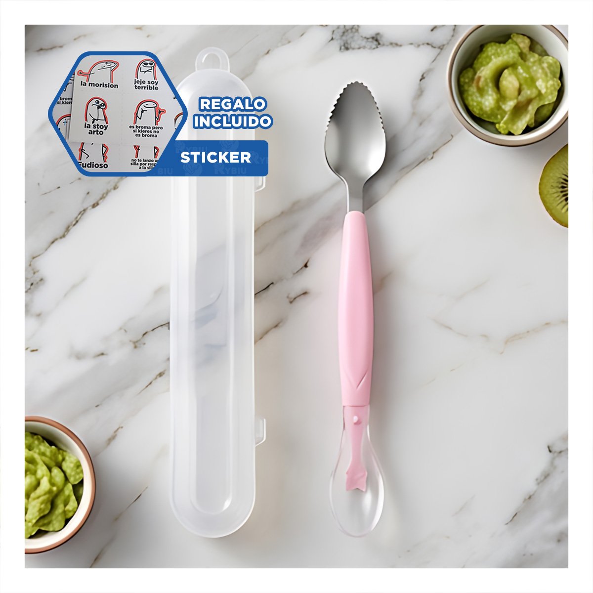 UTENSILIO DOBLE CON ESTUCHE TRANSPARENTE Y ACABADO EN COLOR ROSADO RASPADOR Y+REGALO STICKER - 1