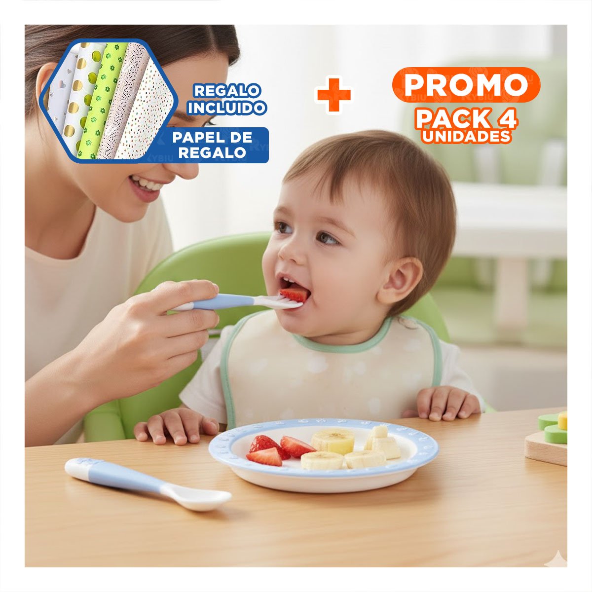 PACK4 SET DE ALIMENTACION EN AZUL CON CUCHARA Y TENEDOR PERRITO INCLUYE ESTUCHE Y+PAPEL REGALO - 1