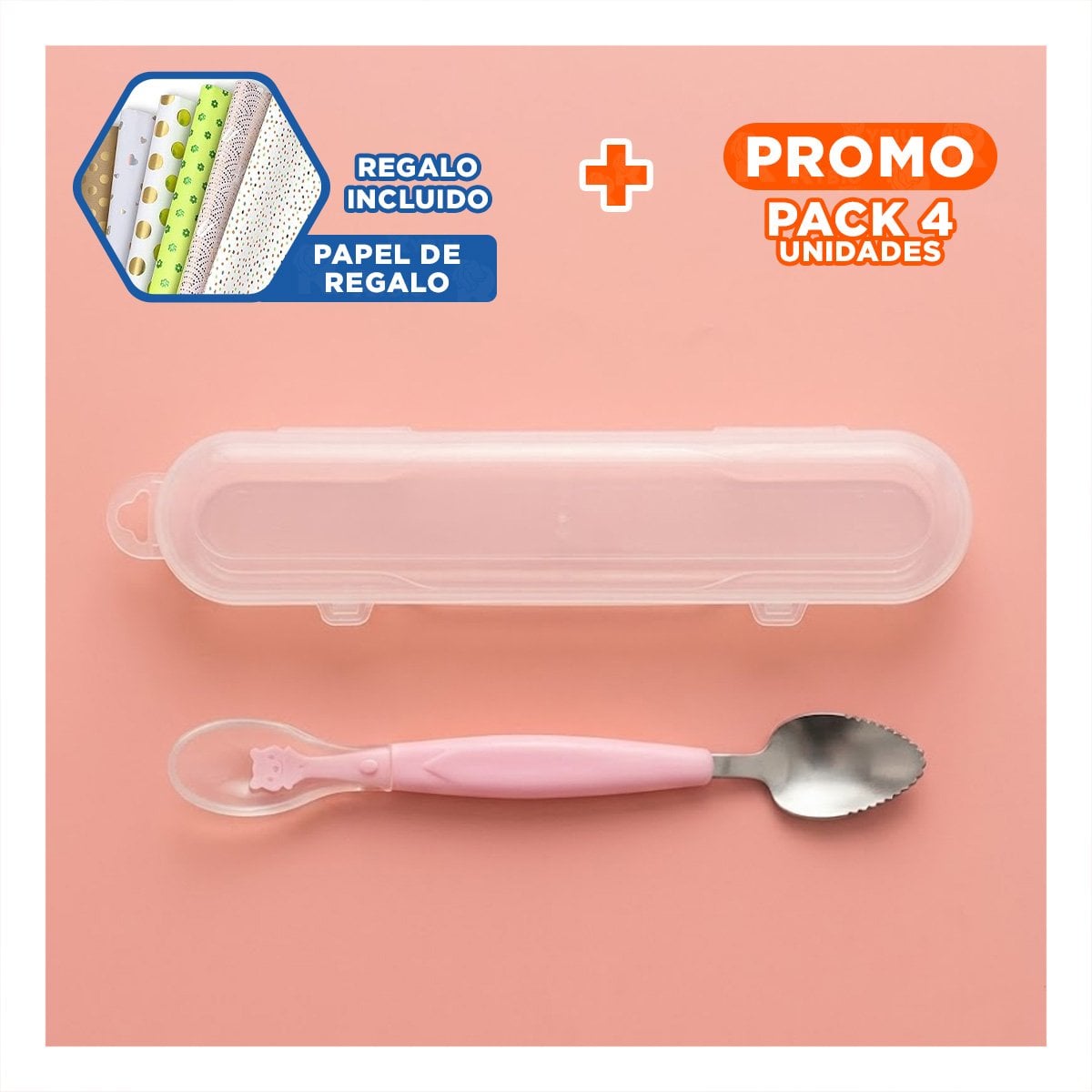 PACK4 CUCHARA EN COLOR ROSADO CON SISTEMA DOBLE RASPADOR Y ESTUCHE TRANSPARENTE Y+PAPEL REGALO - 1